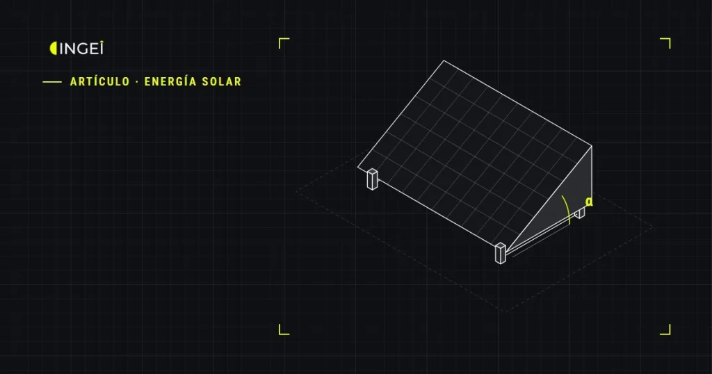 Dibujo isométrico de una placa solar con su ángulo de inclinación
