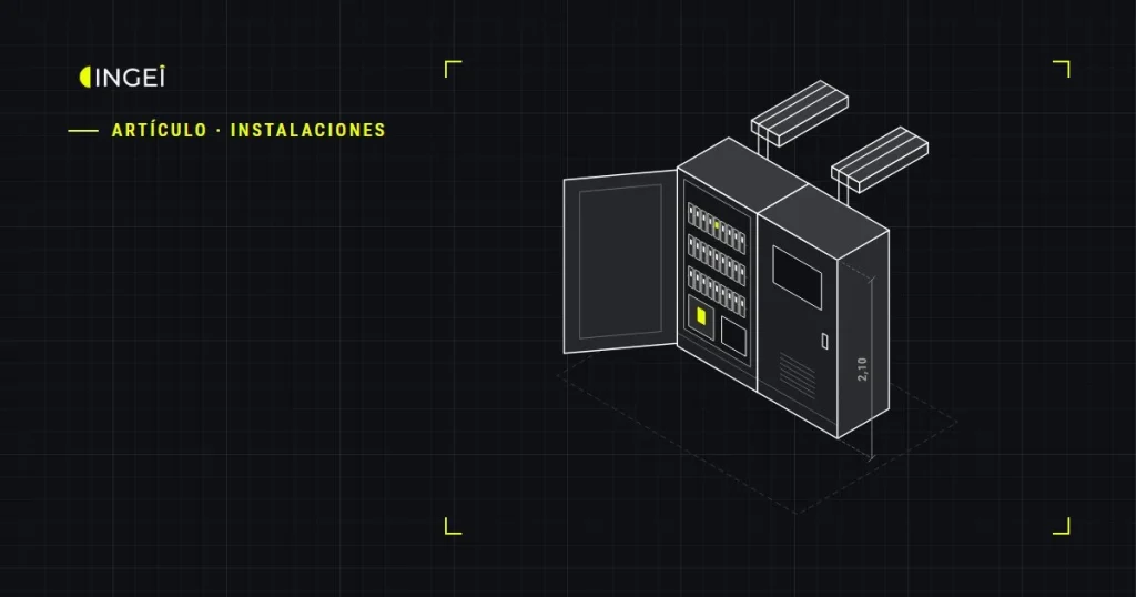 Dibujo isométrico de un cuadro eléctrico abierto con sus protecciones