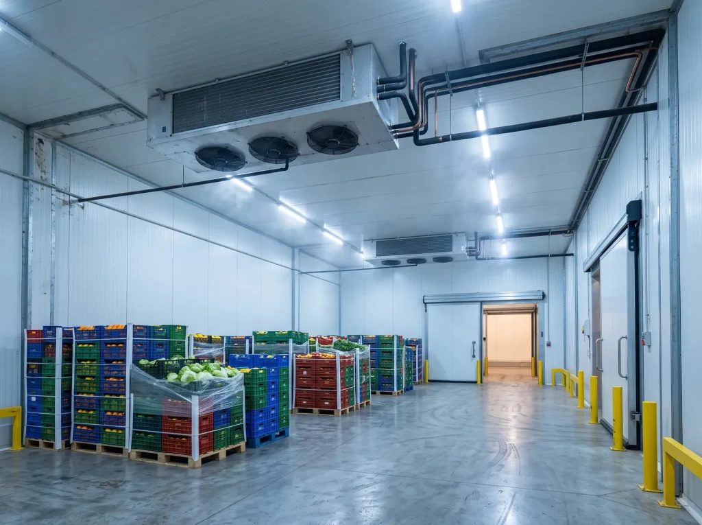 Cámara frigorífica industrial con evaporadores en techo y palés de fruta y verdura