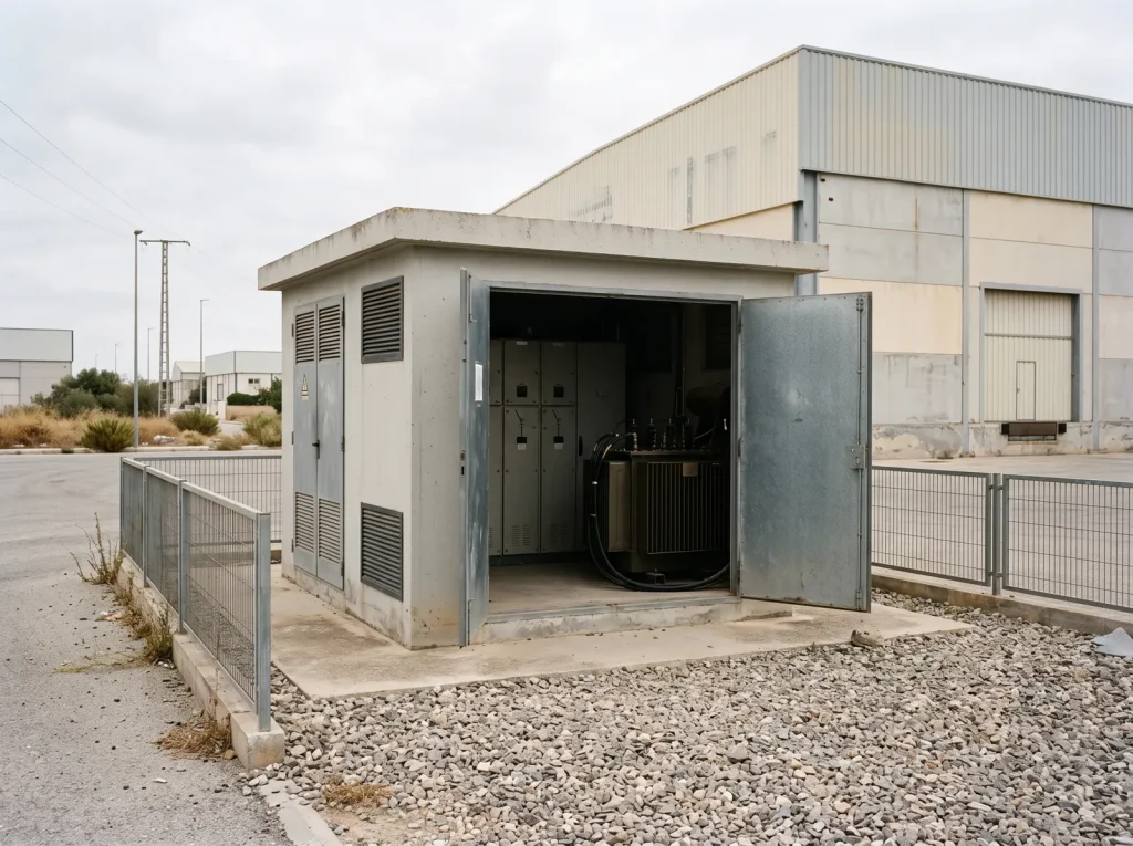 Centro de transformación prefabricado junto a una nave industrial, con la puerta abierta mostrando las celdas y el transformador