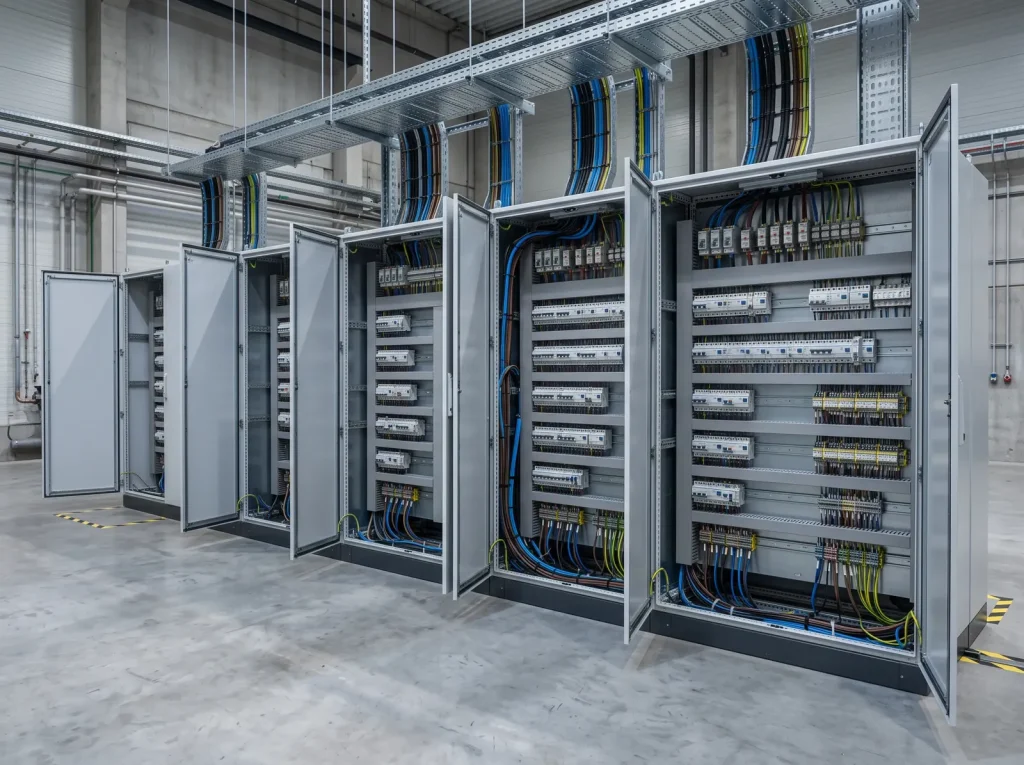 Cuadros eléctricos de distribución de baja tensión recién montados en una nave industrial, con las bandejas de cables llegando por arriba
