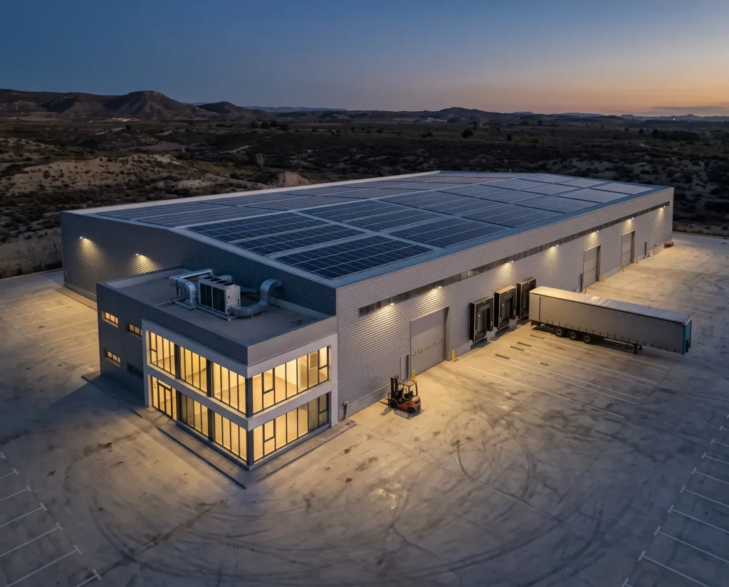 Nave industrial con placas solares en la cubierta, oficinas, equipos de climatización y muelles de carga