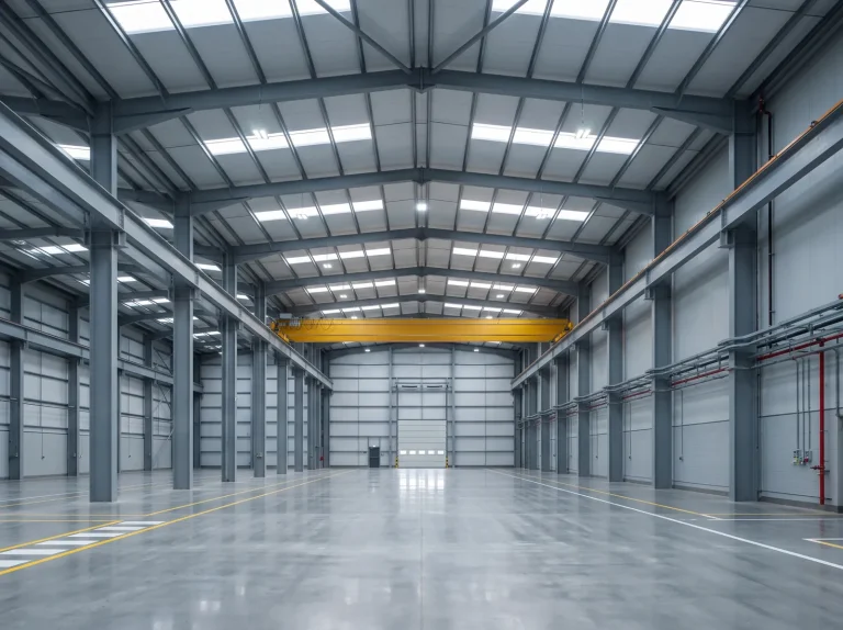 Interior de taller industrial nuevo con estructura de acero y puente grúa