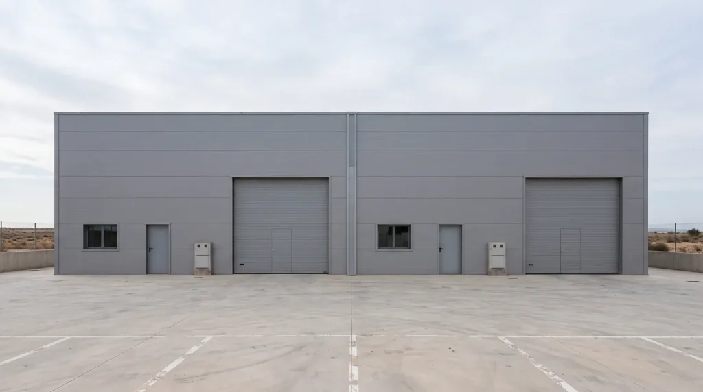 Nave industrial dividida en dos naves independientes, cada una con su puerta seccional, acceso peatonal y contador