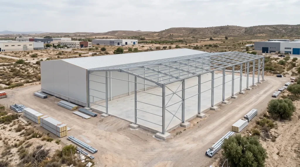 Nave industrial en construcción con pórticos de acero sobre zapatas, arriostramientos y la mitad ya cerrada con panel sándwich